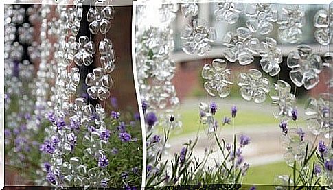 Flower curtain of recycled plastic bottles