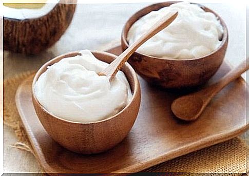 Two bowls of coconut and yogurt.