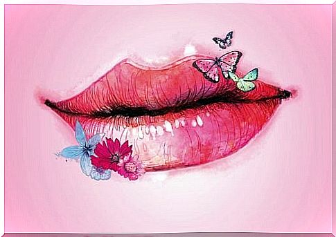 Lips with butterflies and flowers