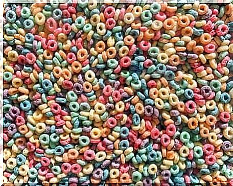 Sugary cereal in a variety of bright colors.