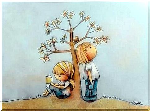 Learning to read at an early age: A drawing of two children leaning against a tree.